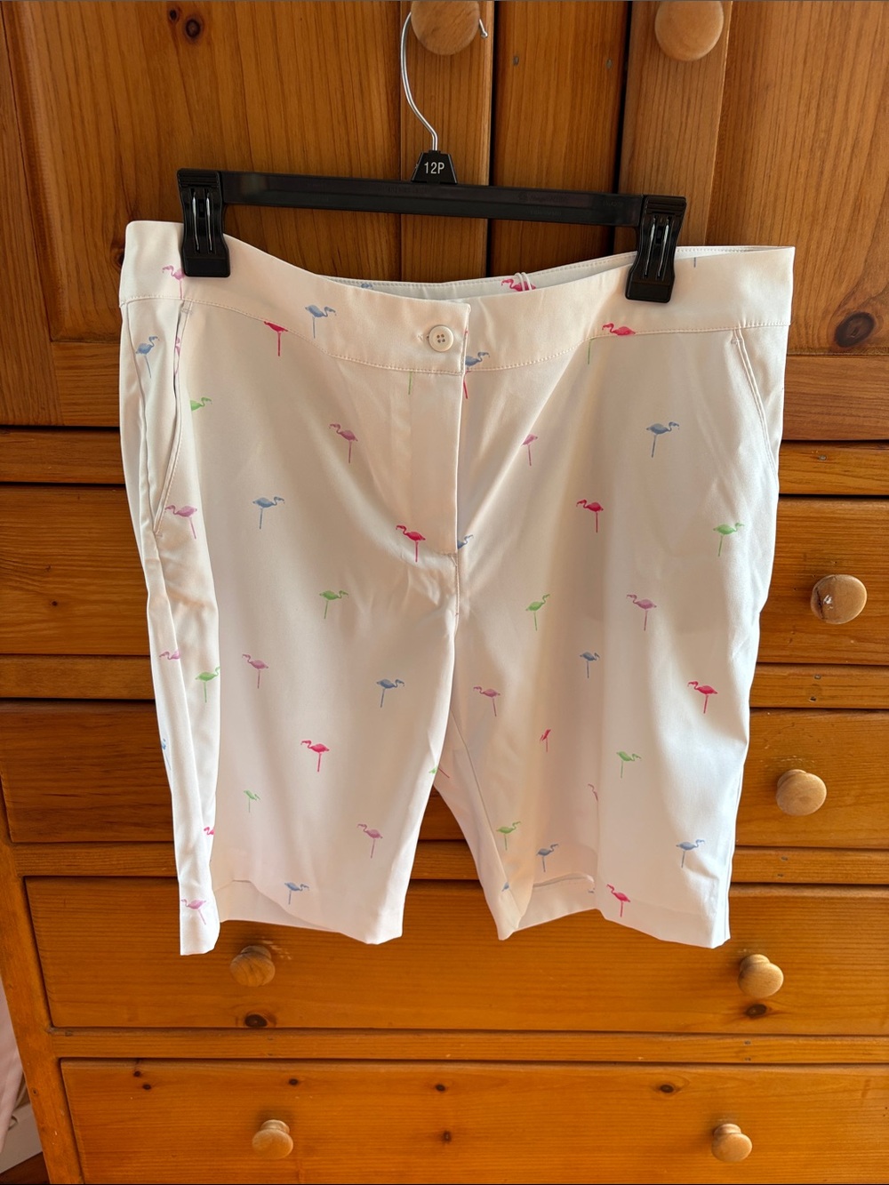 Greg Norman Collection White Bermuda Shorts with Multicolor Flamingo Print